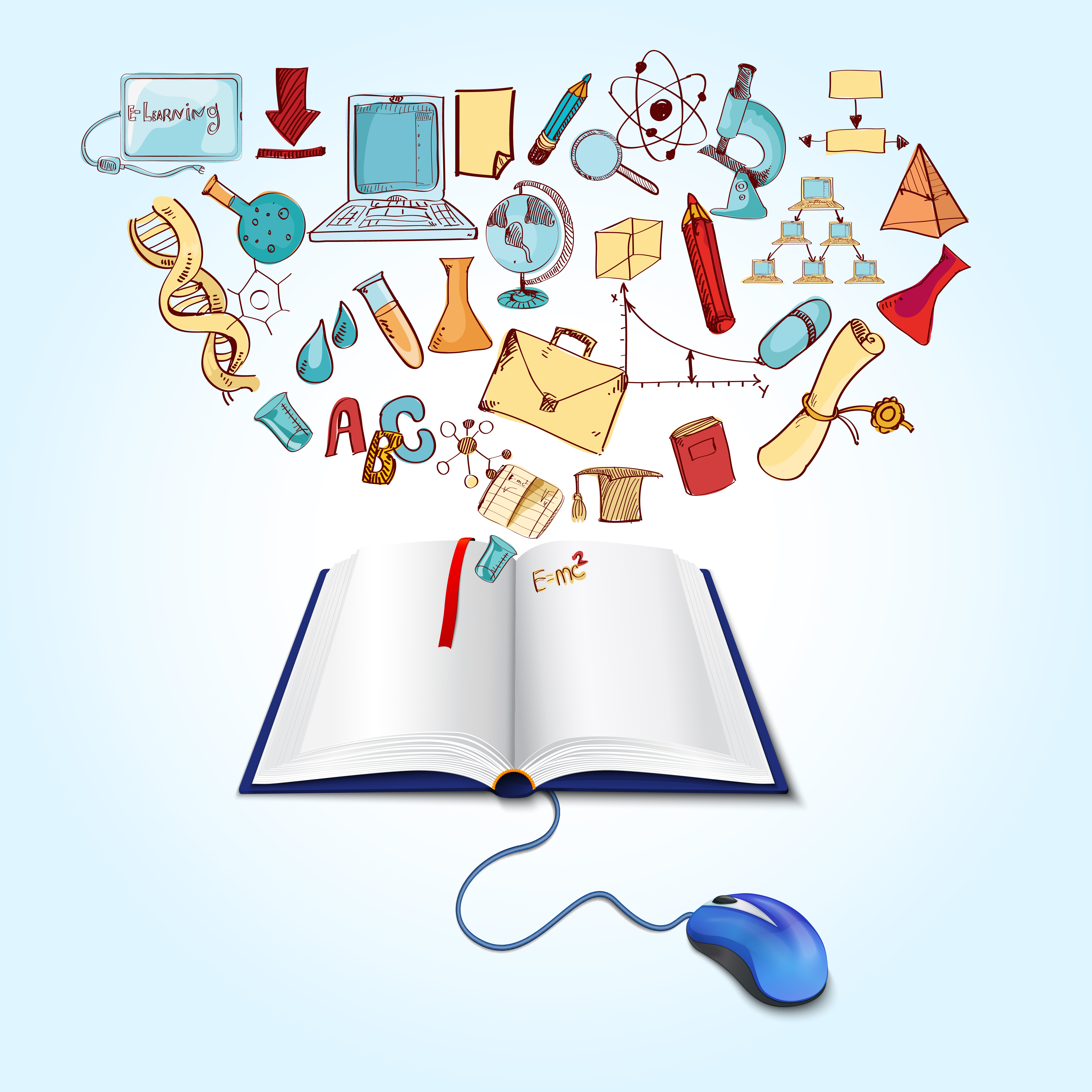 Online education concept with book computer mouse and sketch science icons set vector illustration