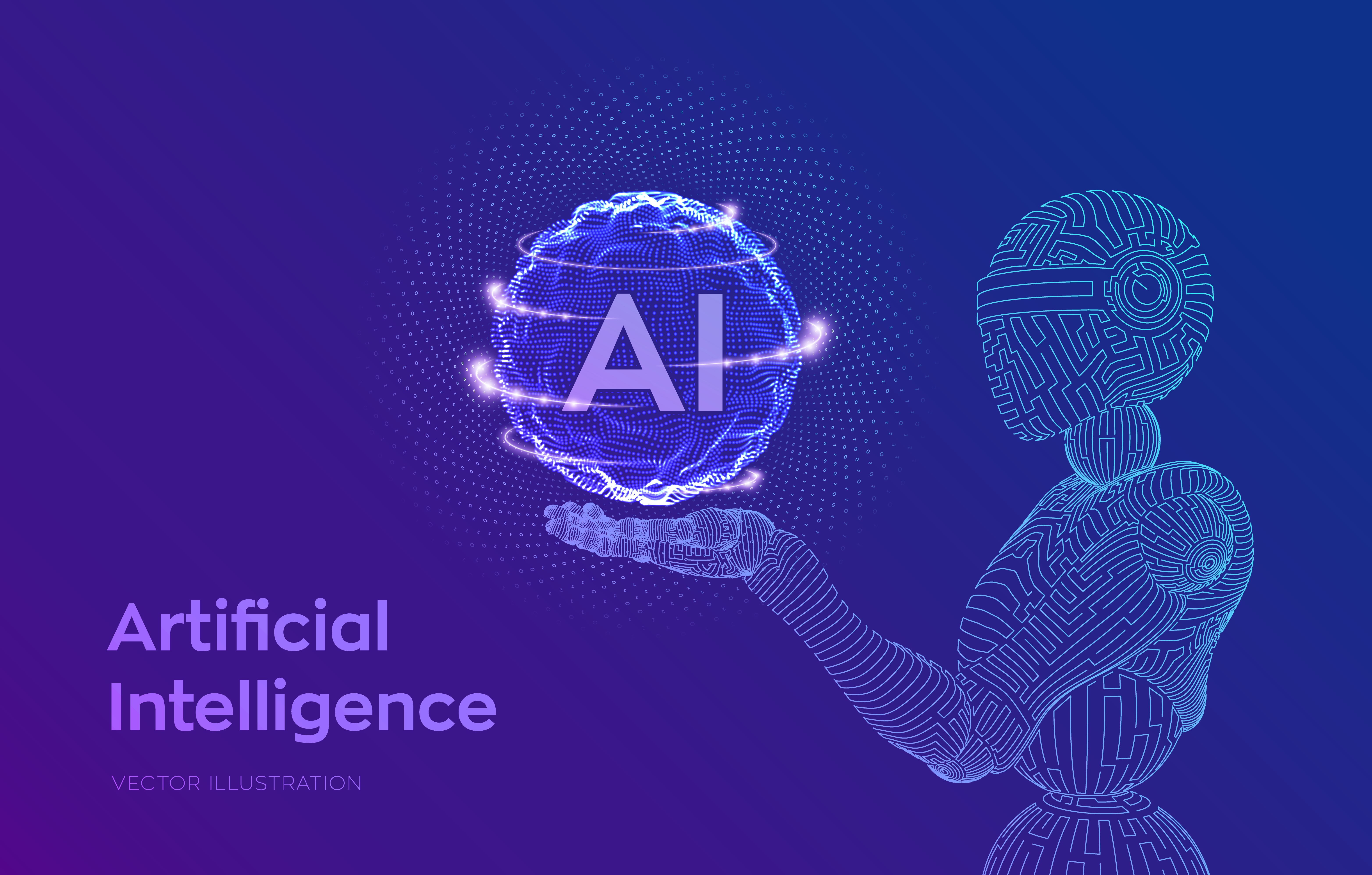 AI. Artificial intelligence. Wireframe robot. AI in robotic hand. Machine learning and cyber mind domination concept. Technology sci-fi concept. Graphic design concept of future. Vector illustration